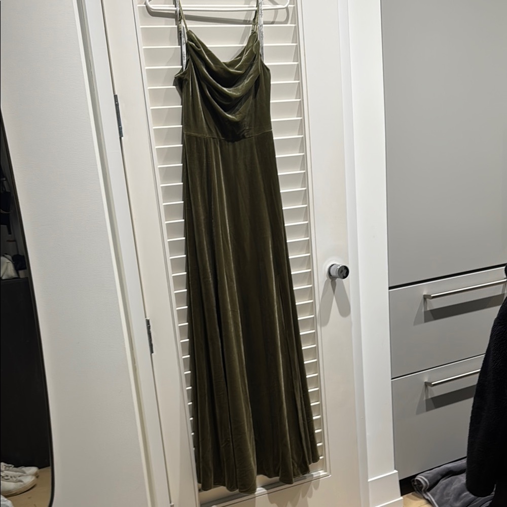 Olive Green Velvet Cowl Neck Spaghetti Strap Dress